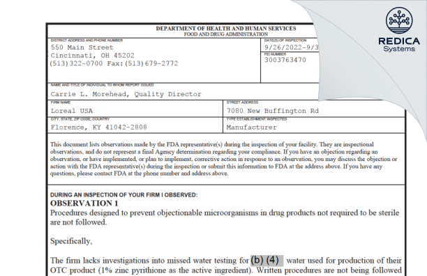 FDA 483 - L'OREAL USA, INC. [Florence / United States of America] - Download PDF - Redica Systems