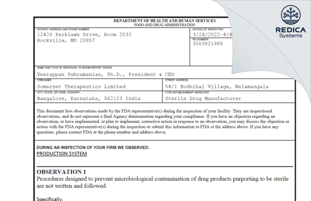 FDA 483 - Somerset Therapeutics Limited [Bengaluru / India] - Download PDF - Redica Systems