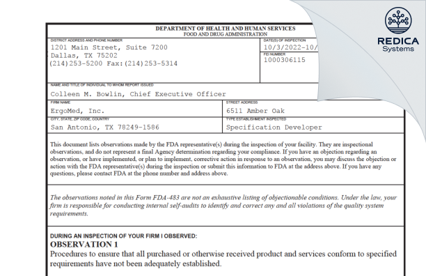 FDA 483 - ErgoMed, Inc. [San Antonio / United States of America] - Download PDF - Redica Systems