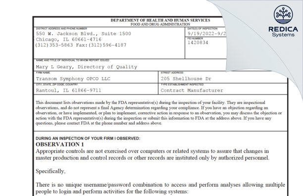 FDA 483 - Transom Symphony OPCO, LLC [Rantoul / United States of America] - Download PDF - Redica Systems
