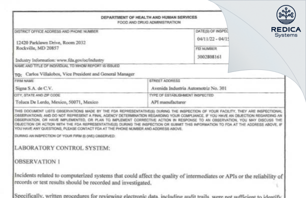 FDA 483 - Signa S.A. de C.V. [Mexico / Mexico] - Download PDF - Redica Systems
