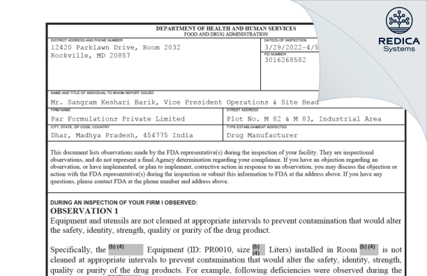 FDA 483 - Par Formulations Private Limited [India / India] - Download PDF - Redica Systems