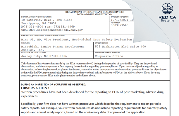 FDA 483 - Mitsubishi Tanabe Pharma Development America, Inc. [Jersey City / United States of America] - Download PDF - Redica Systems
