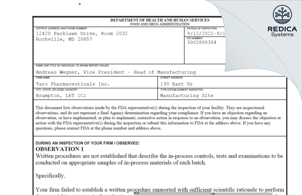 FDA 483 - Taro Pharmaceuticals Inc. [Brampton / Canada] - Download PDF - Redica Systems