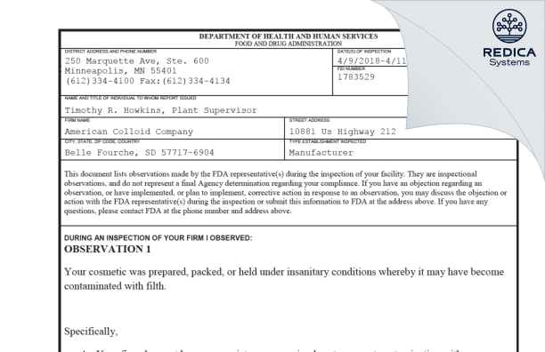 FDA 483 - American Colloid Company [Belle Fourche / United States of America] - Download PDF - Redica Systems