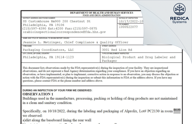 FDA 483 - PACKAGING COORDINATORS LLC [Philadelphia / United States of America] - Download PDF - Redica Systems