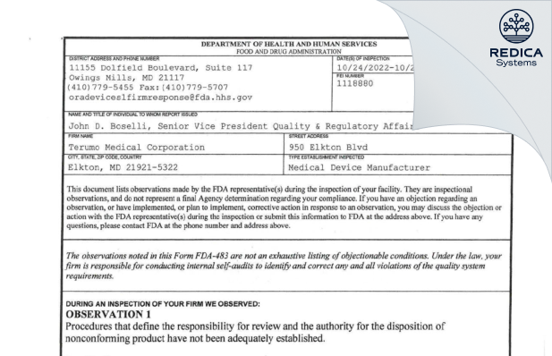 FDA 483 - Terumo Medical Corporation [Elkton / United States of America] - Download PDF - Redica Systems
