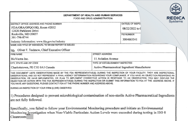 FDA 483 - BioVectra Inc [Charlottetown / Canada] - Download PDF - Redica Systems