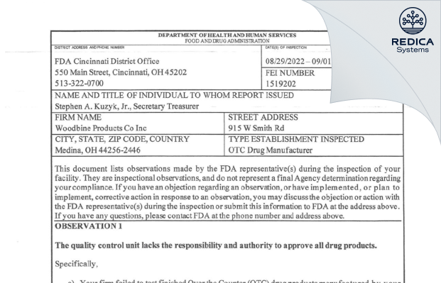 FDA 483 - Woodbine Products Company [Medina Ohio / United States of America] - Download PDF - Redica Systems