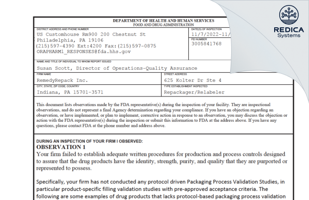 FDA 483 - RemedyRepack, Inc [Indiana / United States of America] - Download PDF - Redica Systems