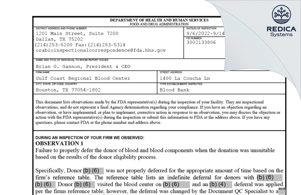 FDA 483 - Gulf Coast Regional Blood Center [Houston / United States of America] - Download PDF - Redica Systems