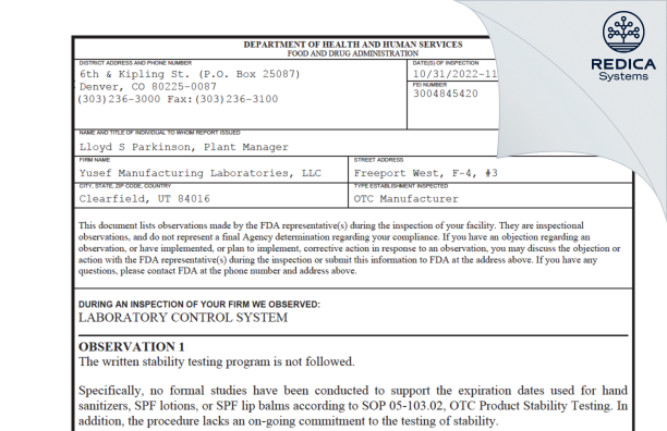 FDA 483 - Yusef Manufacturing Laboratories, LLC DBA YMlabs, LLC [Clearfield / United States of America] - Download PDF - Redica Systems