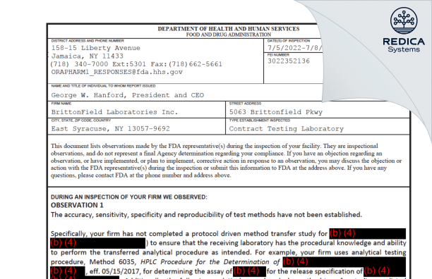 FDA 483 - Brittonfield Laboratories [New York / United States of America] - Download PDF - Redica Systems