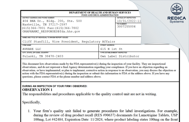 FDA 483 - AvKARE [Pulaski / United States of America] - Download PDF - Redica Systems