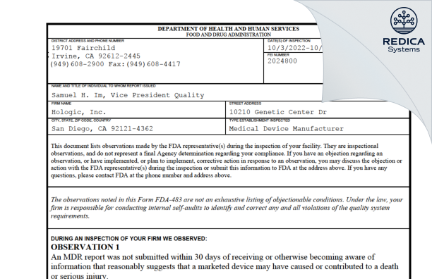 FDA 483 - Hologic, Inc. [San Diego / United States of America] - Download PDF - Redica Systems