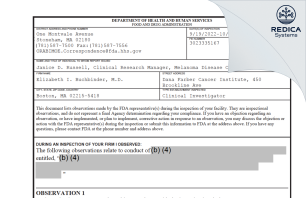 FDA 483 - Elizabeth I. Buchbinder, M.D. [Boston / United States of America] - Download PDF - Redica Systems