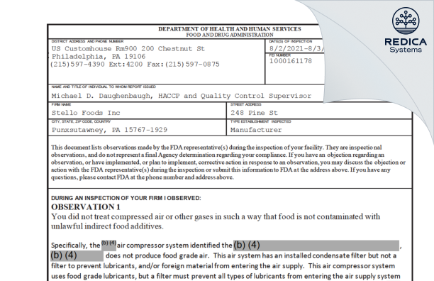 FDA 483 - Stello Foods Inc [Punxsutawney / United States of America] - Download PDF - Redica Systems