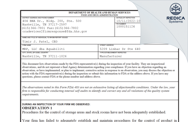 FDA 483 - MRP, LLC dba Aquabiliti [Nashville / United States of America] - Download PDF - Redica Systems