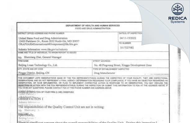 FDA 483 - Beijing Lvsan Chemistry Co., Ltd [China / China] - Download PDF - Redica Systems