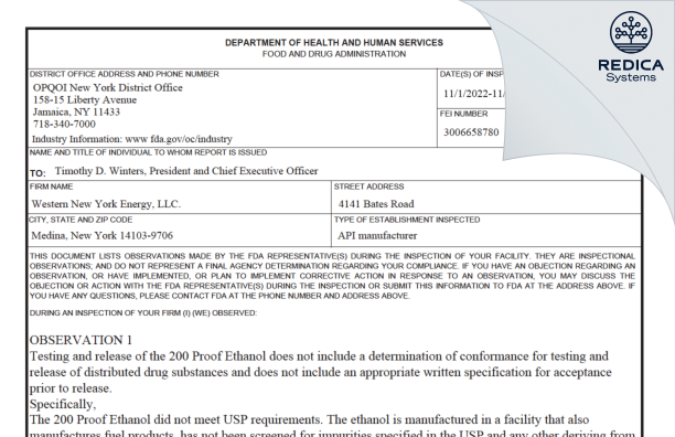 FDA 483 - Western New York Energy, LLC [Medina / United States of America] - Download PDF - Redica Systems