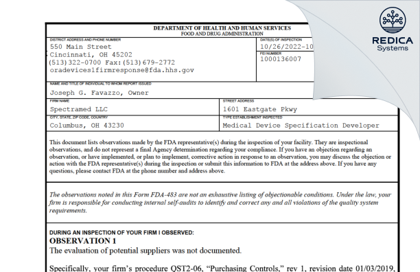 FDA 483 - Spectramed LLC [Columbus / United States of America] - Download PDF - Redica Systems