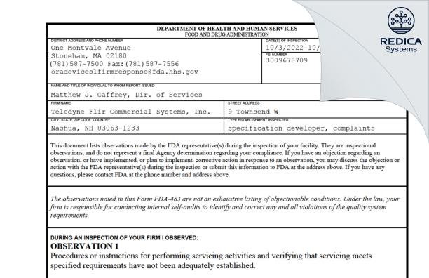 FDA 483 - Teledyne Flir Commercial Systems, Inc. [Nashua / United States of America] - Download PDF - Redica Systems