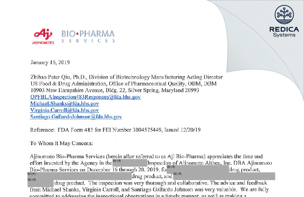 FDA 483 Response - Ajinomoto Althea, Inc. [San Diego / United States of America] - Download PDF - Redica Systems