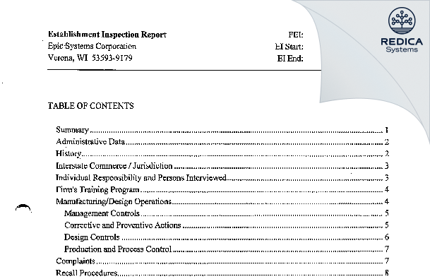 EIR - Epic Systems Corporation [Verona / United States of America] - Download PDF - Redica Systems