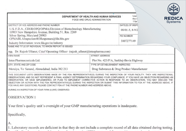 EIR - Intas Pharmaceuticals Limited [India / India] - Download PDF - Redica Systems