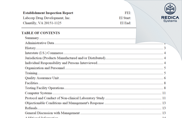 EIR - LABCORP DRUG DEVELOPMENT INC. [Chantilly / United States of America] - Download PDF - Redica Systems
