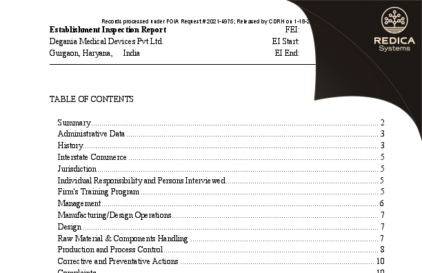 EIR - Degania Medical Devices Pvt. Ltd. [Gurgaon / India] - Download PDF - Redica Systems
