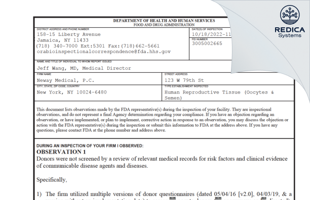 FDA 483 - Neway Medical, P.C. [New York / United States of America] - Download PDF - Redica Systems