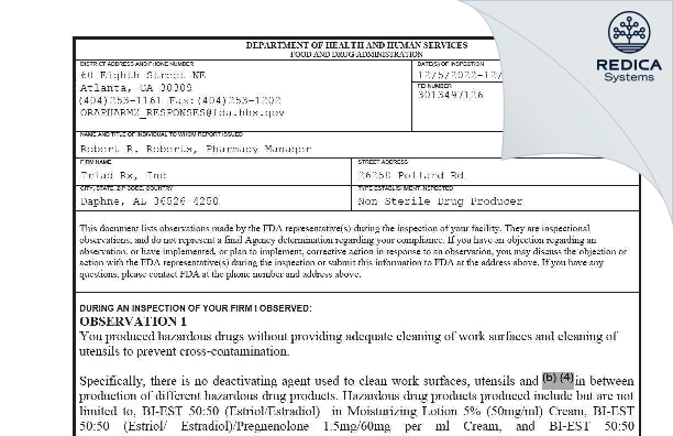 FDA 483 - Triad Rx, Inc [Daphne / United States of America] - Download PDF - Redica Systems