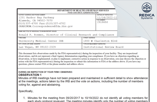 FDA 483 - University Medical Center IRB [Las Vegas / United States of America] - Download PDF - Redica Systems
