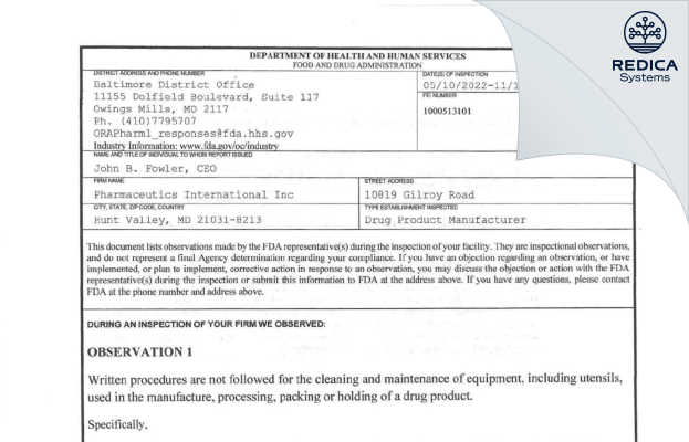 FDA 483 - Pharmaceutics International, Inc. [Hunt Valley Maryland / United States of America] - Download PDF - Redica Systems