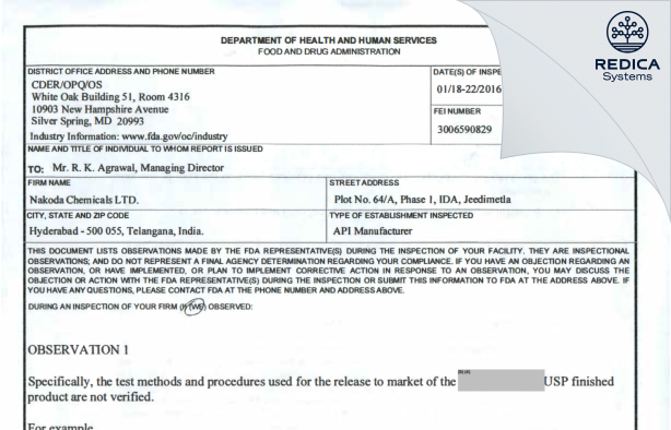 FDA 483 - NAKODA CHEMICALS LIMITED [Hyderabad / India] - Download PDF - Redica Systems