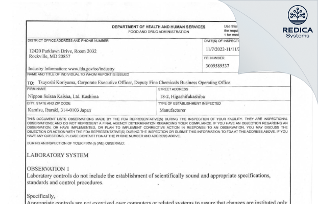 FDA 483 - Nissui Corporation [Kamisu / Japan] - Download PDF - Redica Systems