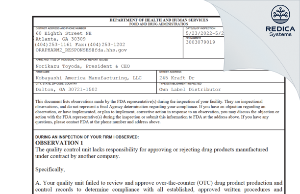 FDA 483 - KOBAYASHI America Manufacturing, LLC [Dalton Georgia / United States of America] - Download PDF - Redica Systems