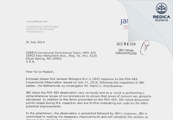 FDA 483 Response - Janssen Biologics B.V. [Cb / Netherlands] - Download PDF - Redica Systems