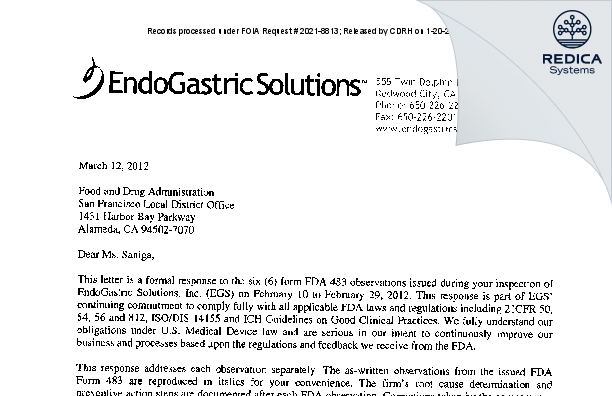 FDA 483 Response - Endogastric Solutions, Inc. [Redwood City / United States of America] - Download PDF - Redica Systems