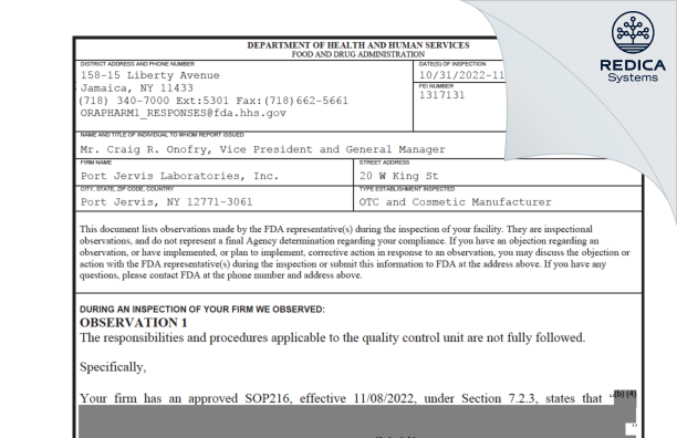 FDA 483 - Port Jervis Laboratories, Inc [York / United States of America] - Download PDF - Redica Systems