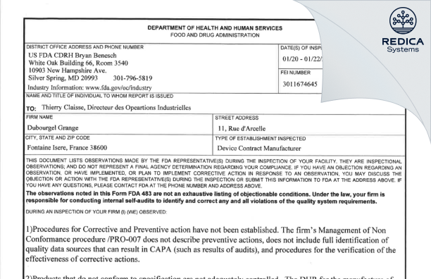 FDA 483 - Dubourgel Grange SAS [Fontaine / France] - Download PDF - Redica Systems