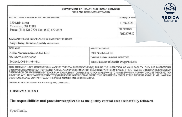 FDA 483 - Xellia Pharmaceuticals USA LLC [Bedford Ohio / United States of America] - Download PDF - Redica Systems