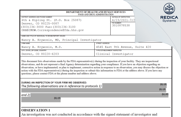 FDA 483 - Nancy A. Krywonis, M.D. [Denver / United States of America] - Download PDF - Redica Systems