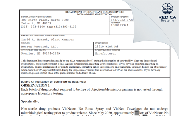FDA 483 - Metrex Research, LLC [Romulus / United States of America] - Download PDF - Redica Systems