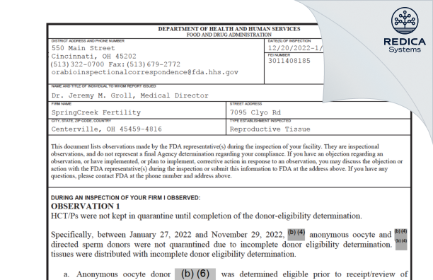 FDA 483 - SpringCreek Fertility [Centerville / United States of America] - Download PDF - Redica Systems