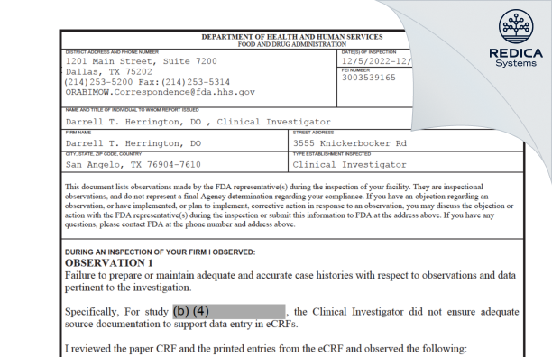FDA 483 - Darrell T. Herrington, DO [San Angelo / United States of America] - Download PDF - Redica Systems