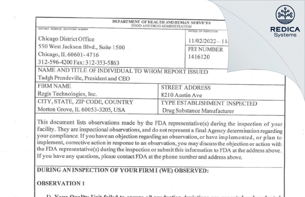 FDA 483 - Regis Technologies Inc. [Morton Grove / United States of America] - Download PDF - Redica Systems