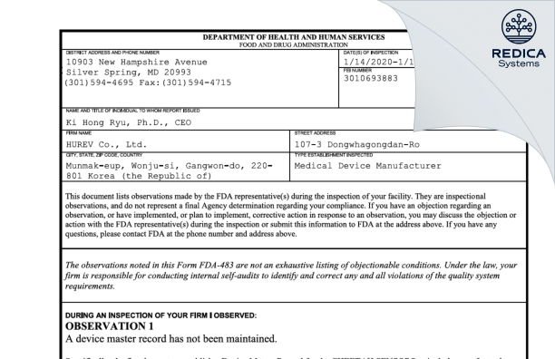 FDA 483 - HUREV Co., Ltd. [- / -] - Download PDF - Redica Systems