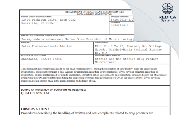 FDA 483 - Intas Pharmaceuticals Limited [India / India] - Download PDF - Redica Systems
